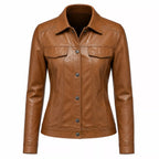 Women’s Tan Leather Trucker Jacket | Classic Western Style