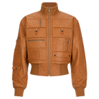 Women’s Tan Ostrich Texture Cropped Leather Bomber Jacket
