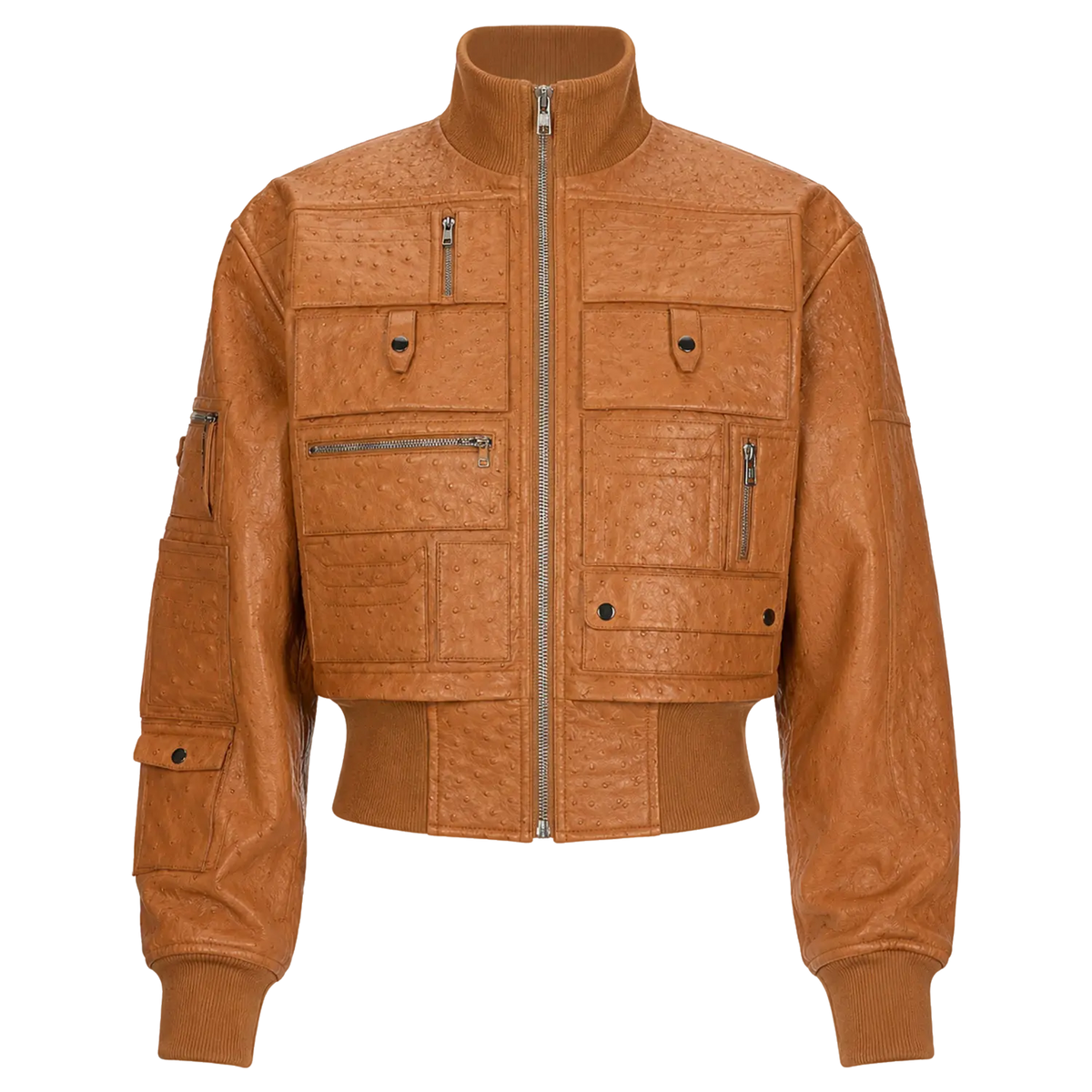 Women’s Tan Ostrich Texture Cropped Leather Bomber Jacket