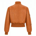 Women’s Tan Ostrich Texture Cropped Leather Bomber Jacket