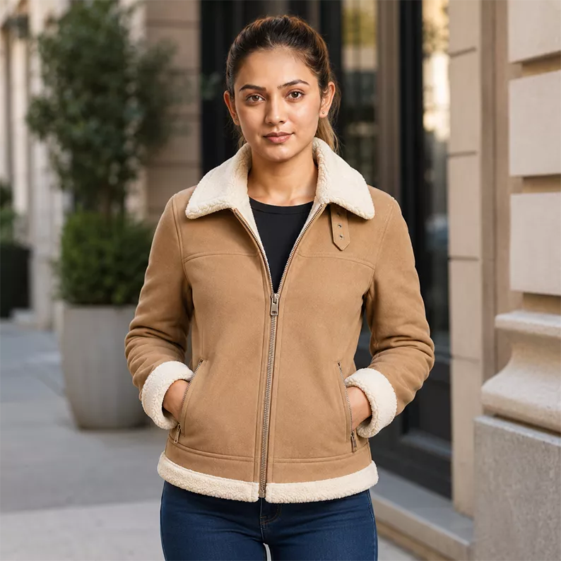 Women’s Tan Shearling Suede Leather Jacket | Warm Winter Zip Jacket