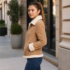 Women’s Tan Shearling Suede Leather Jacket | Warm Winter Zip Jacket