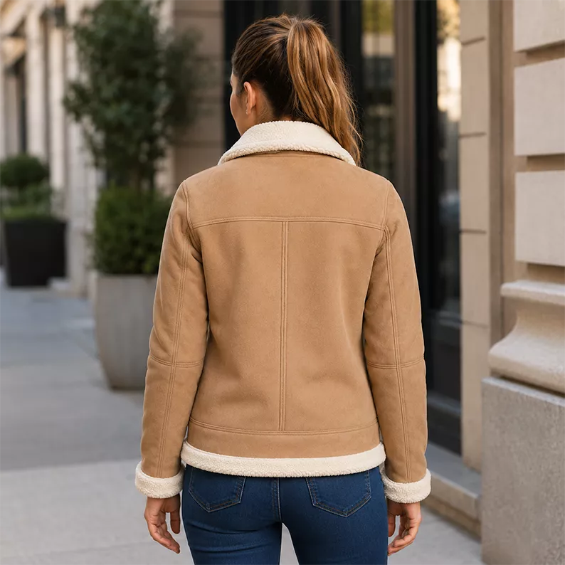 Women’s Tan Shearling Suede Leather Jacket | Warm Winter Zip Jacket