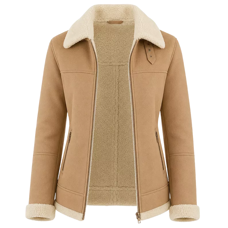 Women’s Tan Shearling Suede Leather Jacket | Warm Winter Zip Jacket