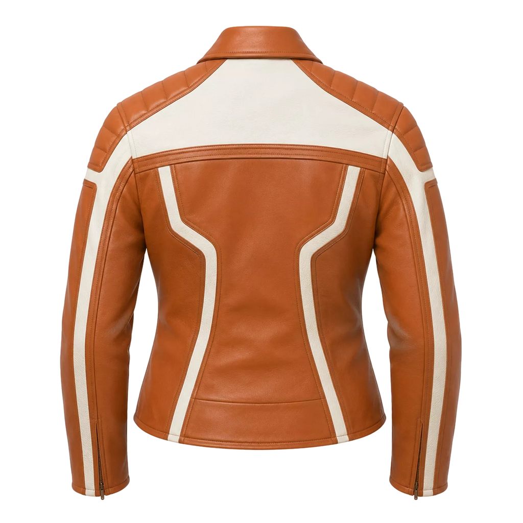 Women's Tan White Leather Moto Biker Jacket | Zip-Up Racing Style Jacket