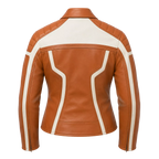 Women's Tan White Leather Moto Biker Jacket | Zip-Up Racing Style Jacket