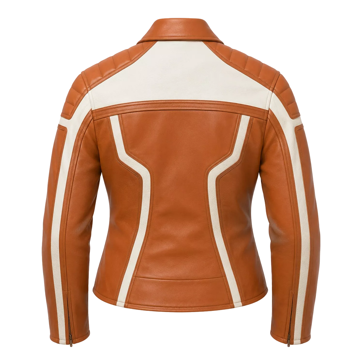 Women's Tan White Leather Moto Biker Jacket | Zip-Up Racing Style Jacket