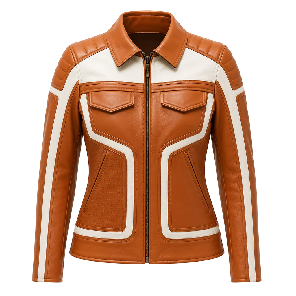 Women's Tan White Leather Moto Biker Jacket | Zip-Up Racing Style Jacket