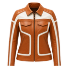 Women's Tan White Leather Moto Biker Jacket | Zip-Up Racing Style Jacket
