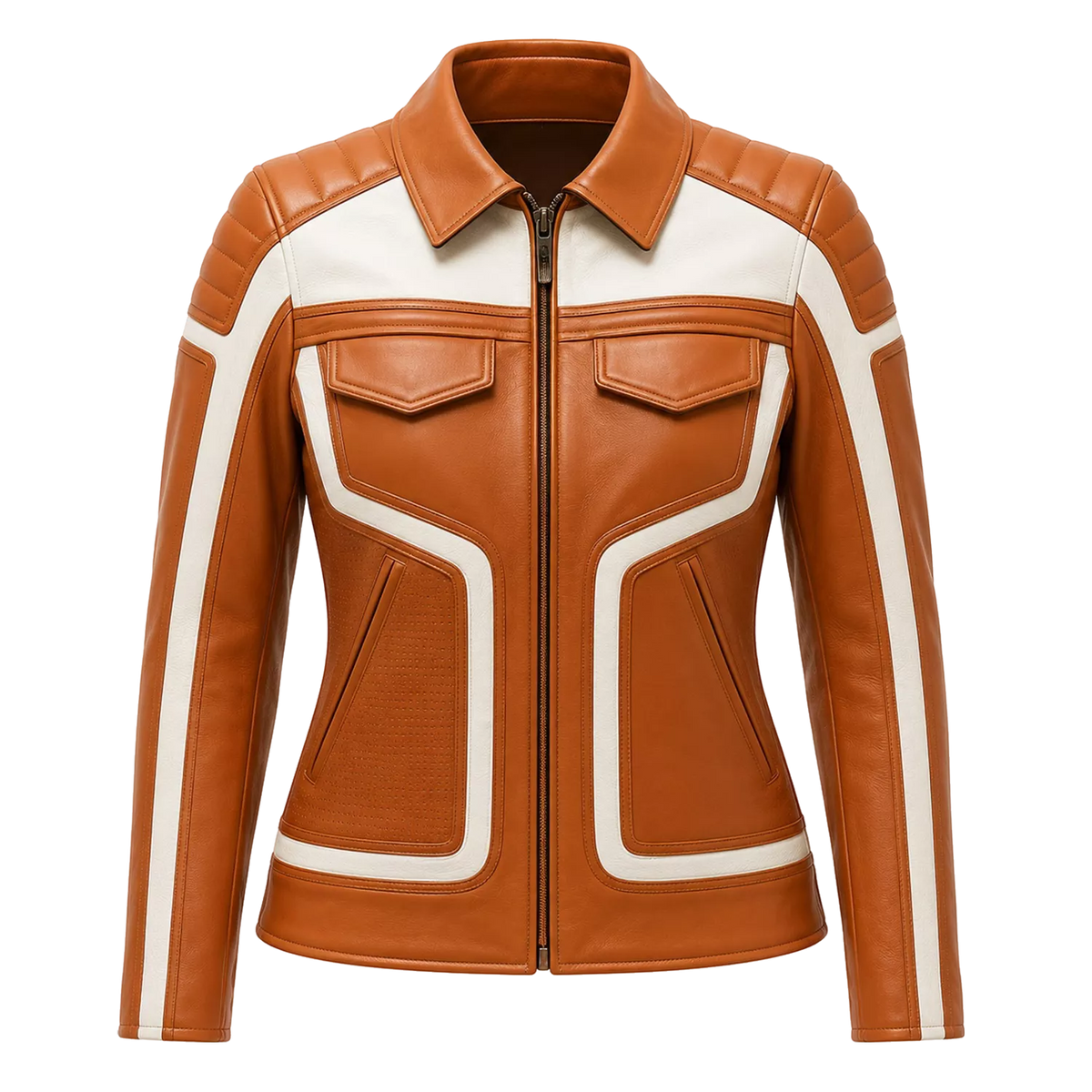 Women's Tan White Leather Moto Biker Jacket | Zip-Up Racing Style Jacket