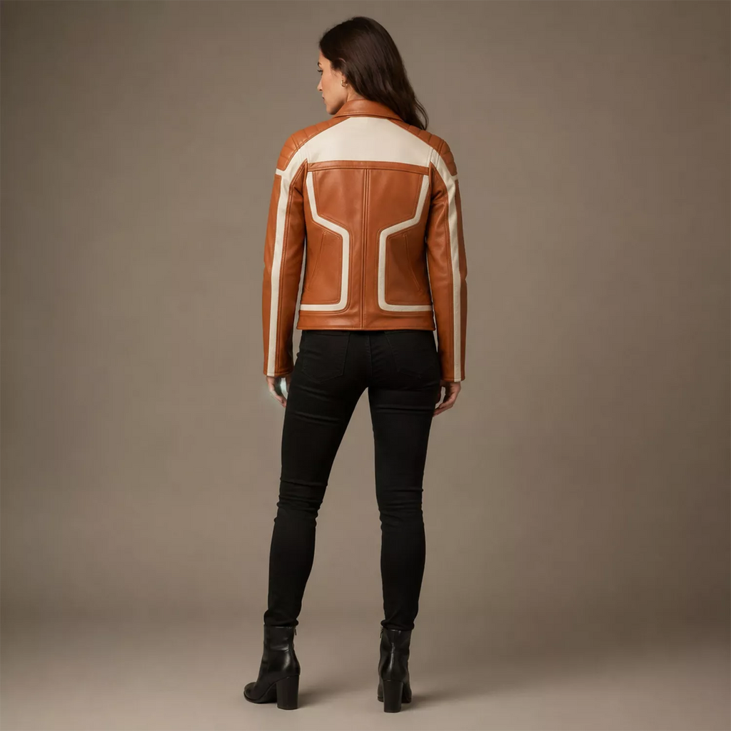 Women's Tan White Leather Moto Biker Jacket | Zip-Up Racing Style Jacket