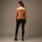 Women's Tan White Leather Moto Biker Jacket | Zip-Up Racing Style Jacket