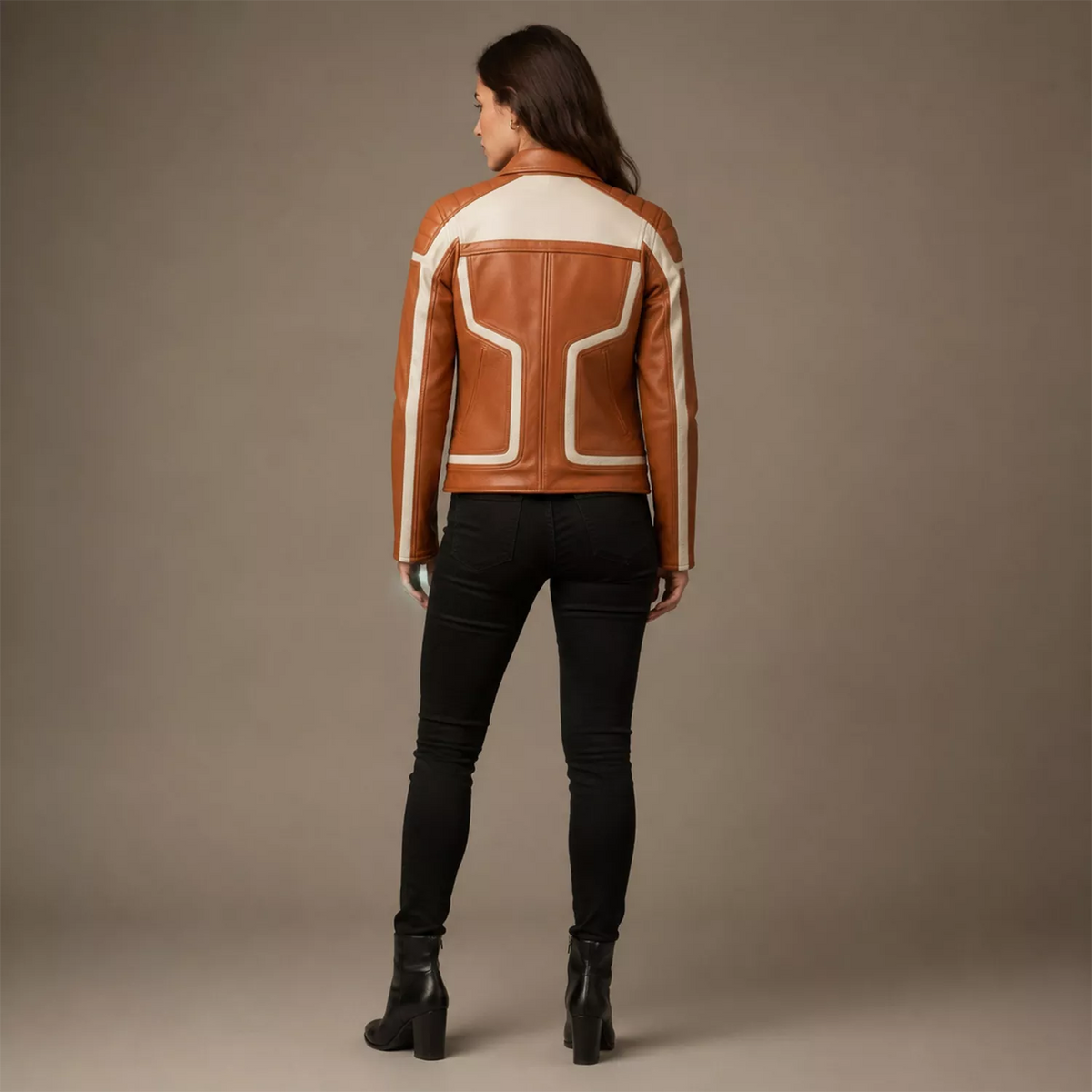Women's Tan White Leather Moto Biker Jacket | Zip-Up Racing Style Jacket