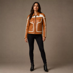 Women's Tan White Leather Moto Biker Jacket | Zip-Up Racing Style Jacket