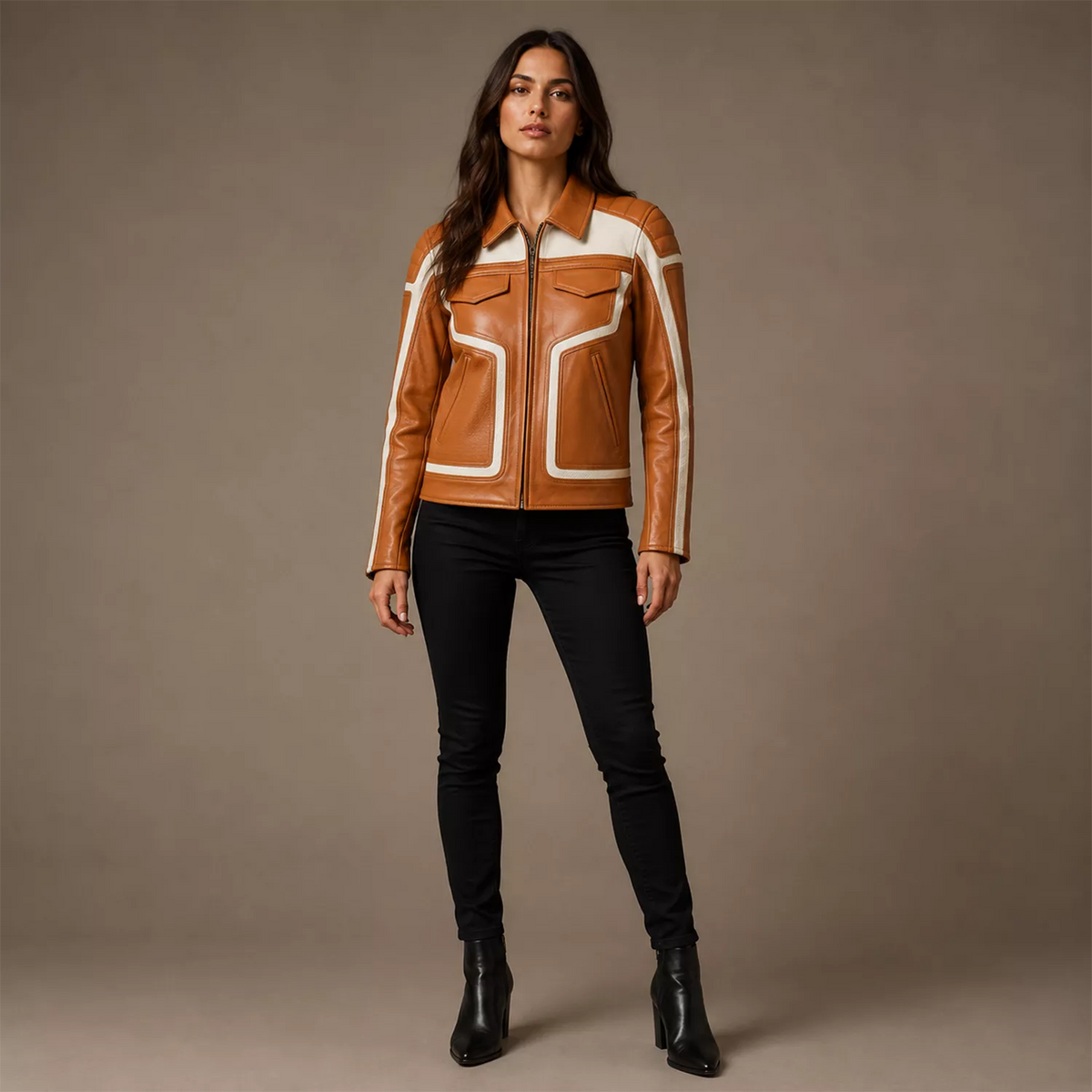 Women's Tan White Leather Moto Biker Jacket | Zip-Up Racing Style Jacket