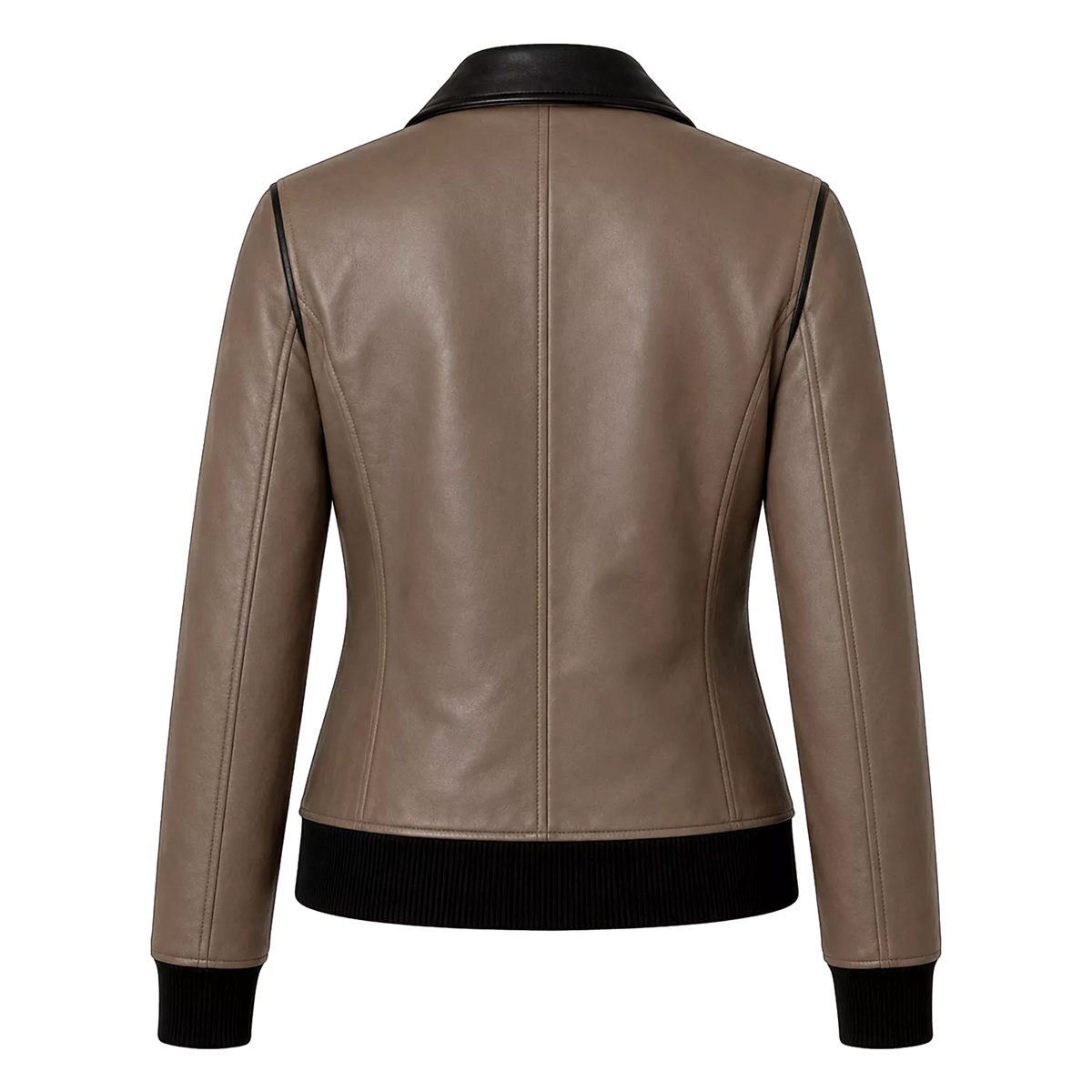 Women's Taupe Black Leather Bomber Jacket | Zip-Up Casual Jacket