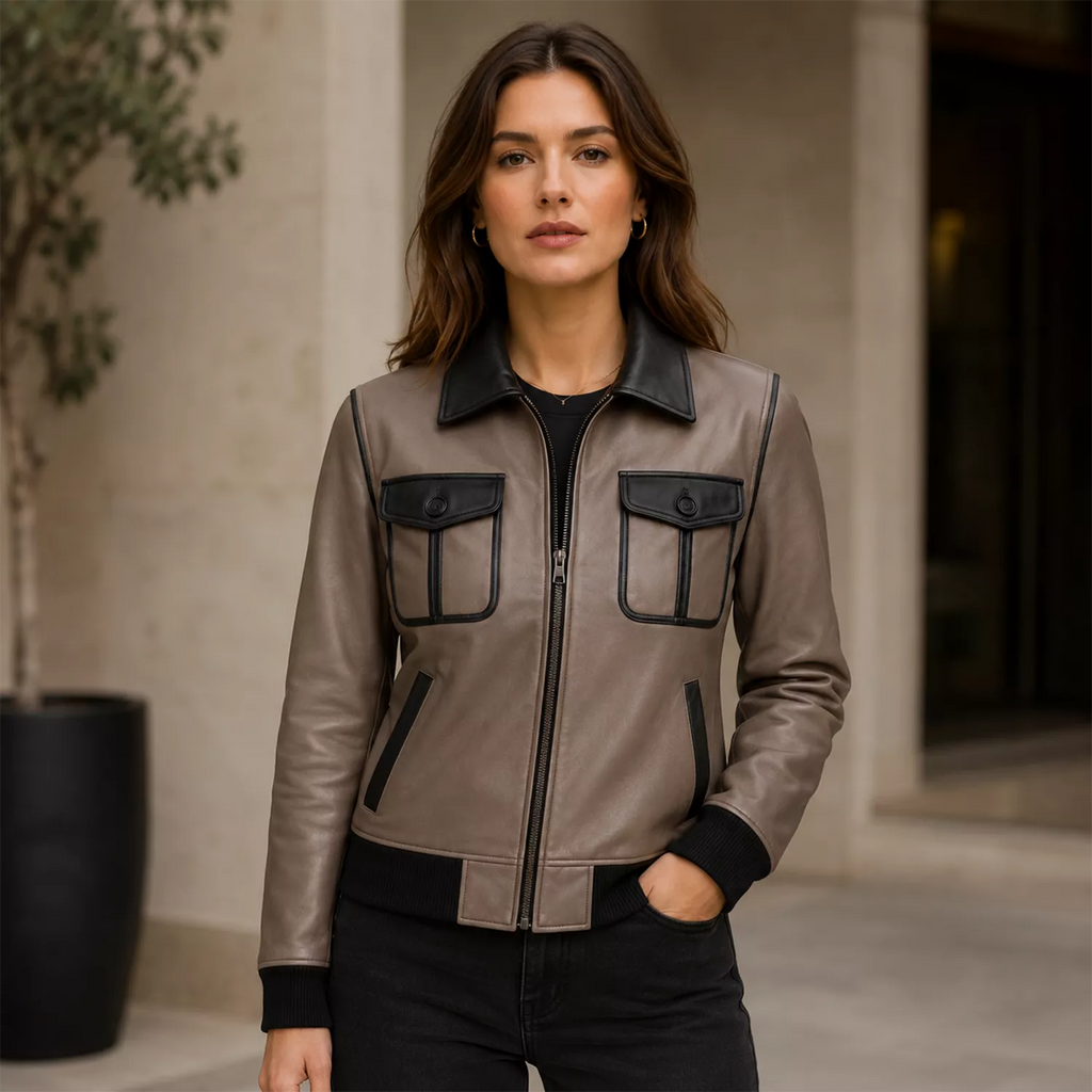 Women's Taupe Black Leather Bomber Jacket | Zip-Up Casual Jacket