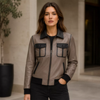Women's Taupe Black Leather Bomber Jacket | Zip-Up Casual Jacket