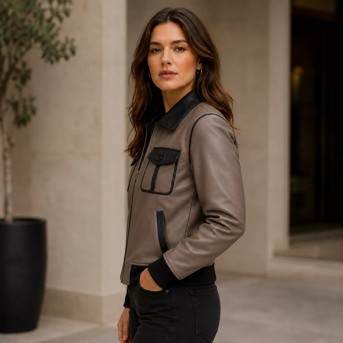 Women's Taupe Black Leather Bomber Jacket | Zip-Up Casual Jacket