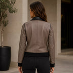 Women's Taupe Black Leather Bomber Jacket | Zip-Up Casual Jacket