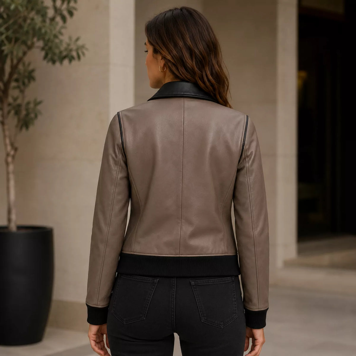 Women's Taupe Black Leather Bomber Jacket | Zip-Up Casual Jacket