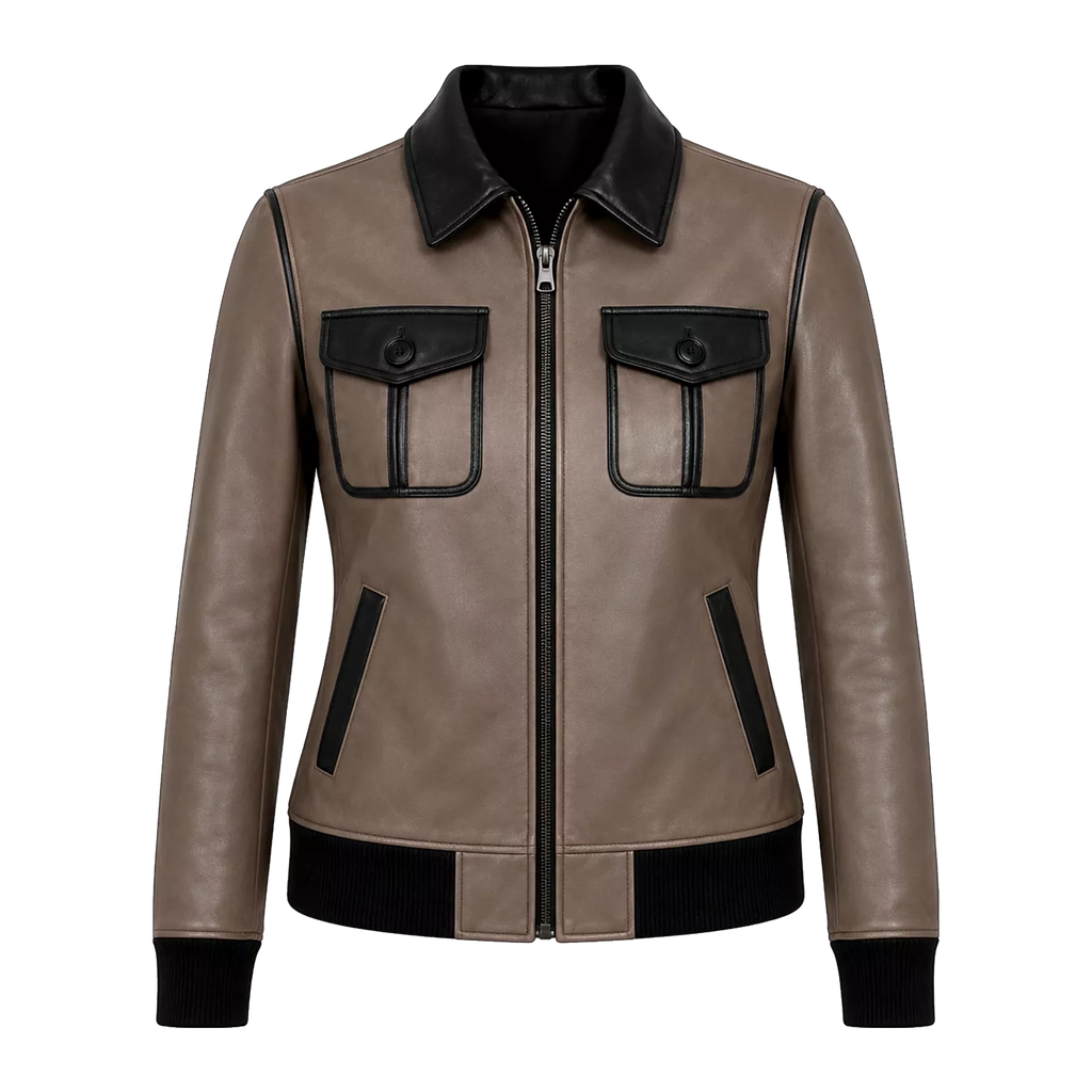Women's Taupe Black Leather Bomber Jacket | Zip-Up Casual Jacket