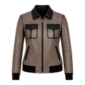 Women's Taupe Black Leather Bomber Jacket | Zip-Up Casual Jacket