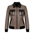 Women's Taupe Black Leather Bomber Jacket | Zip-Up Casual Jacket