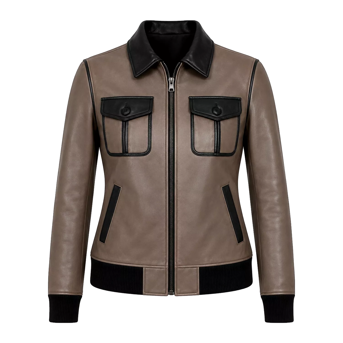 Women's Taupe Black Leather Bomber Jacket | Zip-Up Casual Jacket