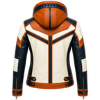 Women’s Tri-Color Hooded Leather Biker Jacket | Navy Cream Tan Jacket