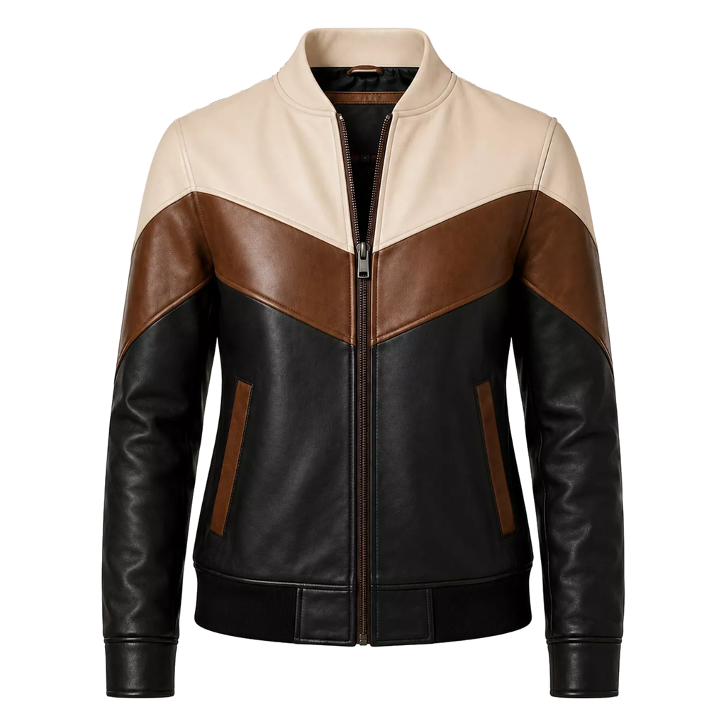 Women’s Tri-Color Leather Bomber Jacket with Zip Front