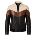 Women’s Tri-Color Leather Bomber Jacket with Zip Front
