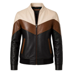 Women’s Tri-Color Leather Bomber Jacket with Zip Front