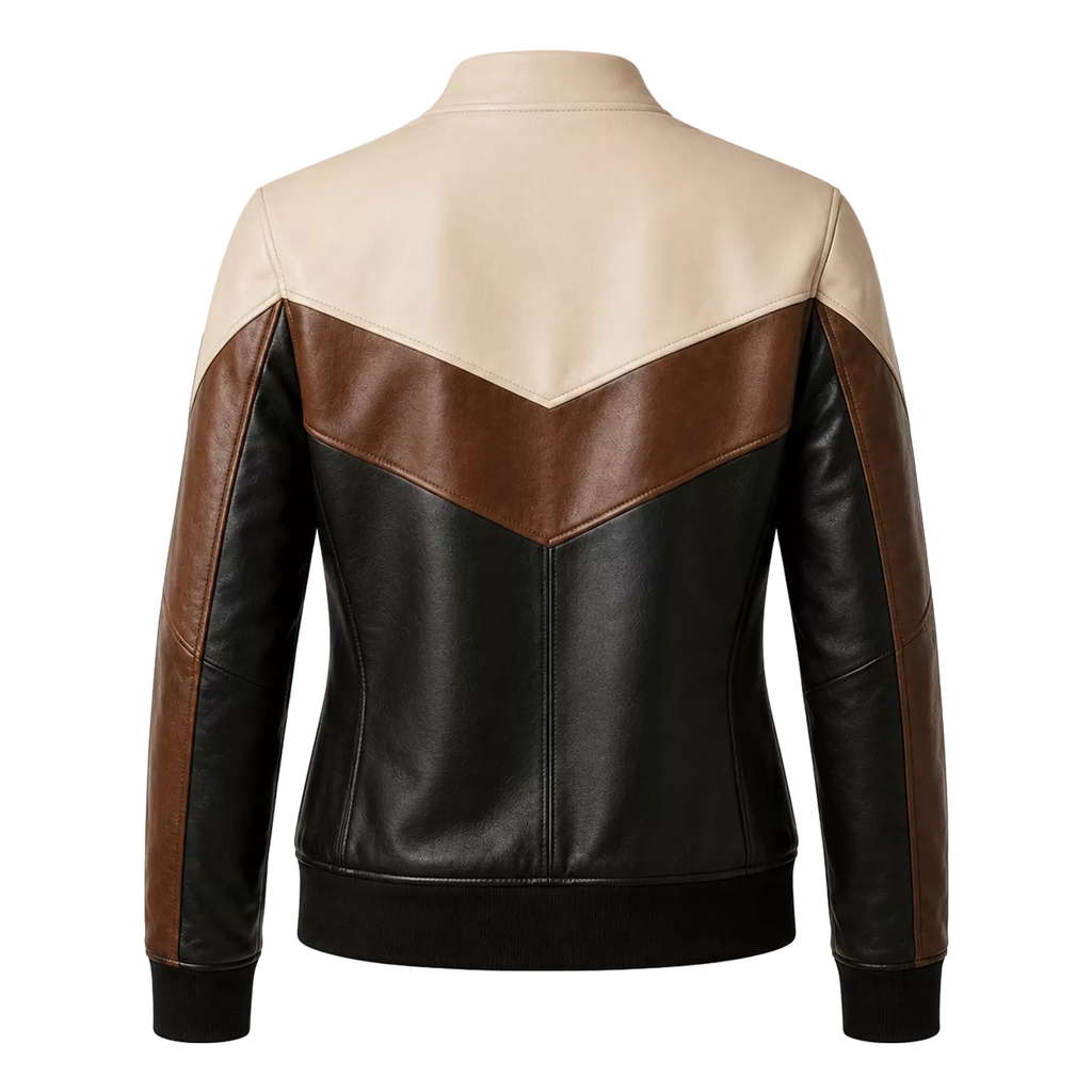 Women’s Tri-Color Leather Bomber Jacket with Zip Front