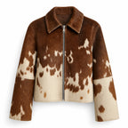 Women’s Western Cowhide Leather Cropped Jacket | Brown White Natural Hide Pattern