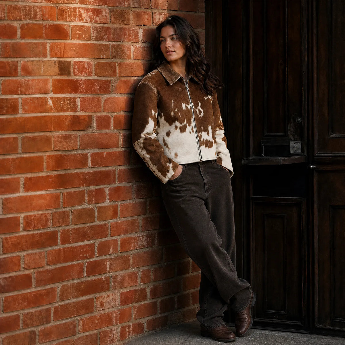 Women’s Western Cowhide Leather Cropped Jacket | Brown White Natural Hide Pattern