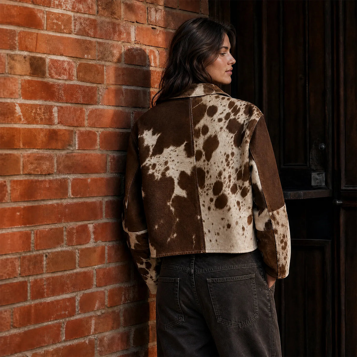 Women’s Western Cowhide Leather Cropped Jacket | Brown White Natural Hide Pattern