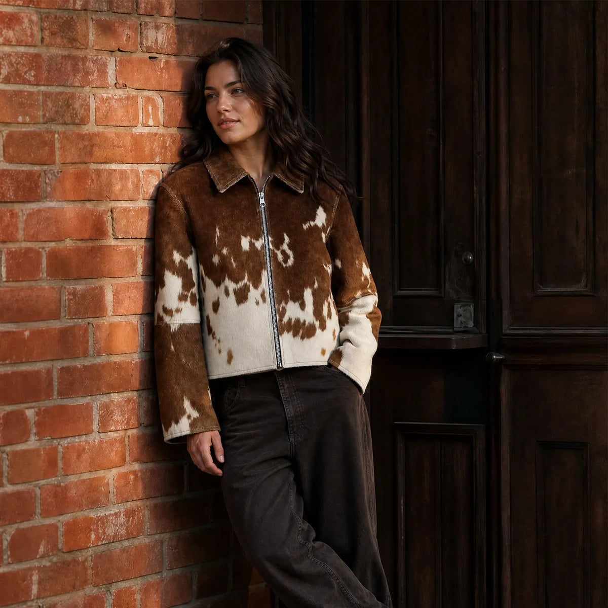 Women’s Western Cowhide Leather Cropped Jacket | Brown White Natural Hide Pattern