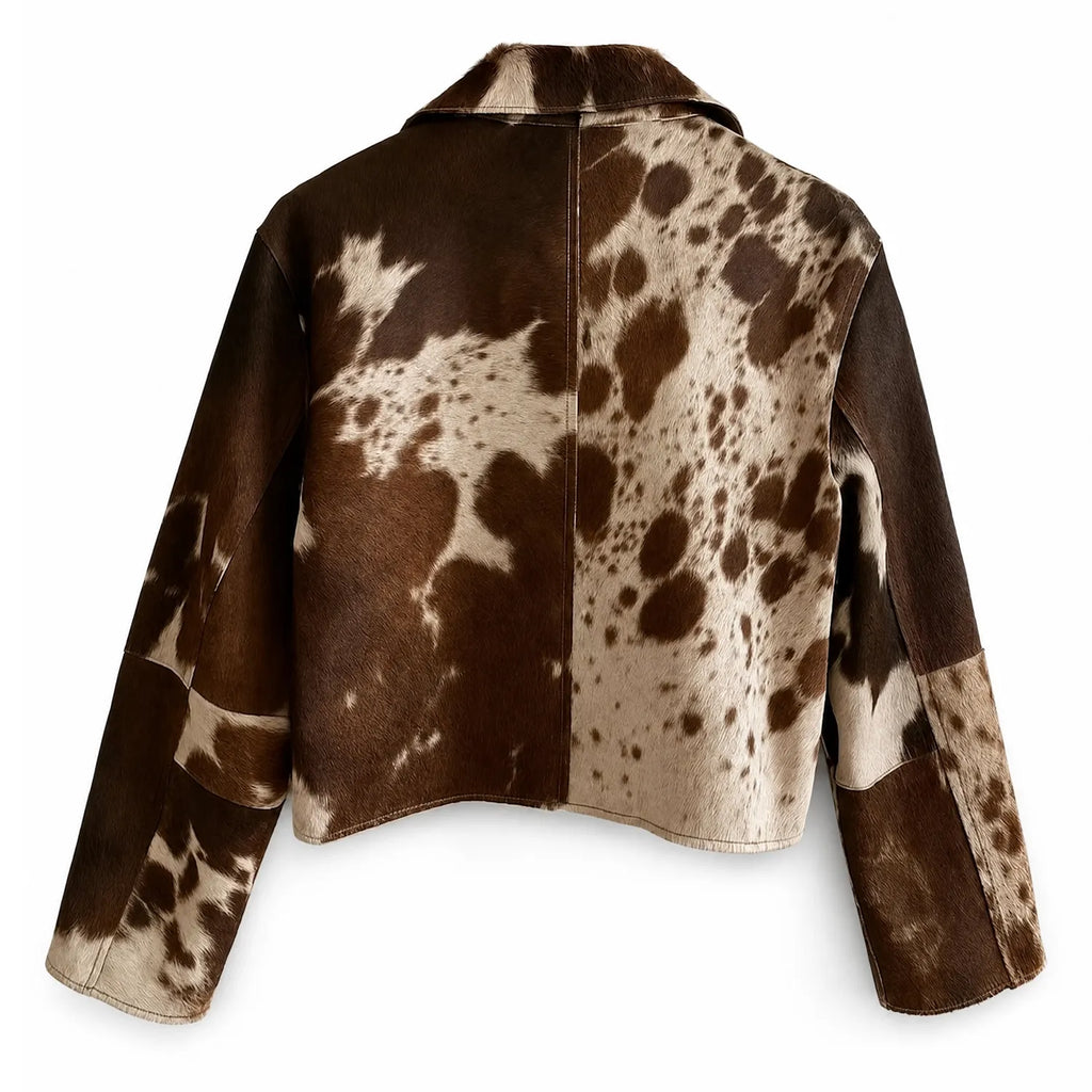 Women’s Western Cowhide Leather Cropped Jacket | Brown White Natural Hide Pattern