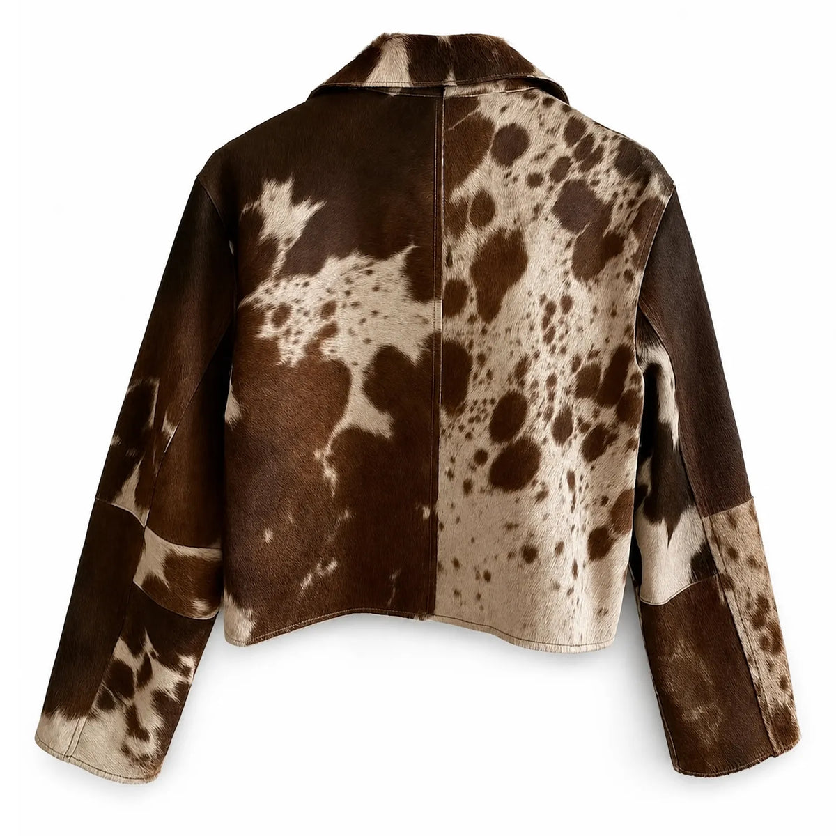 Women’s Western Cowhide Leather Cropped Jacket | Brown White Natural Hide Pattern