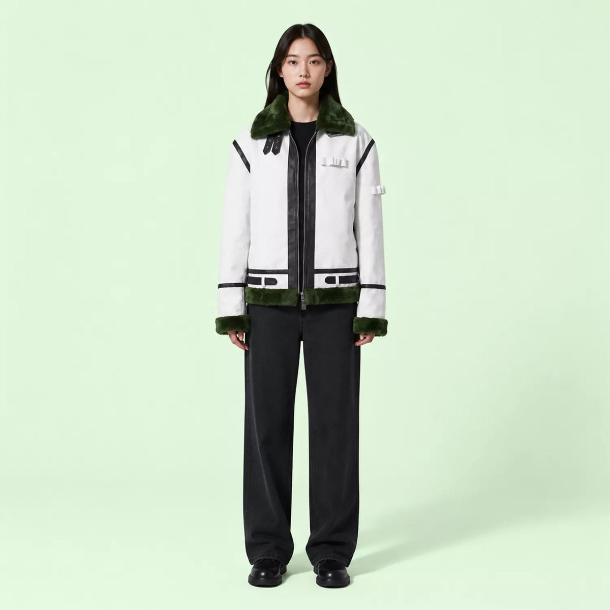 Women's White Green Shearling Leather Jacket | Aviator Style Winter Jacket