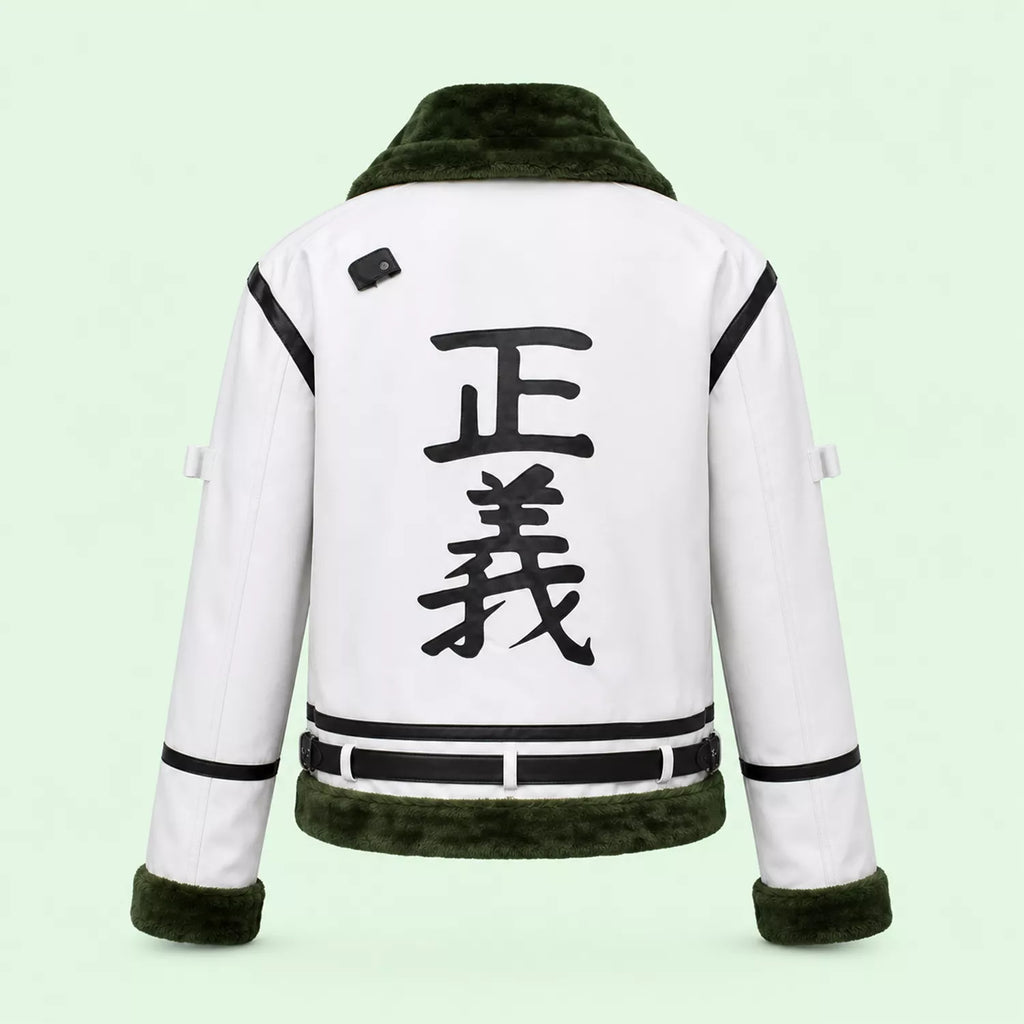 Women's White Green Shearling Leather Jacket | Aviator Style Winter Jacket
