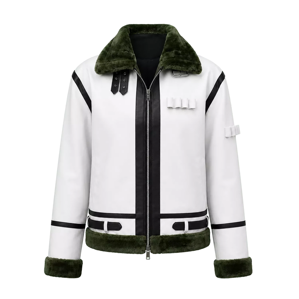 Women's White Green Shearling Leather Jacket | Aviator Style Winter Jacket