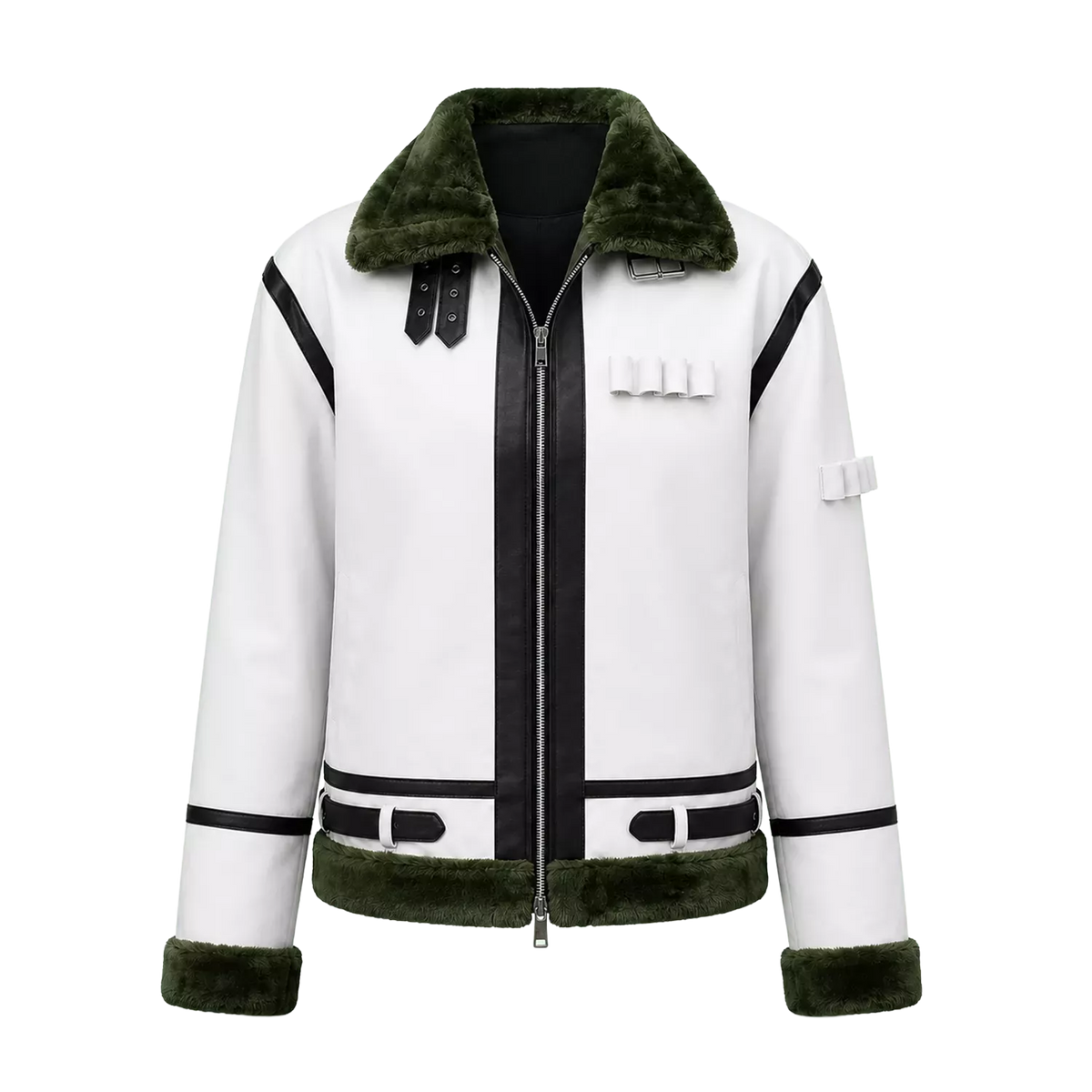 Women's White Green Shearling Leather Jacket | Aviator Style Winter Jacket
