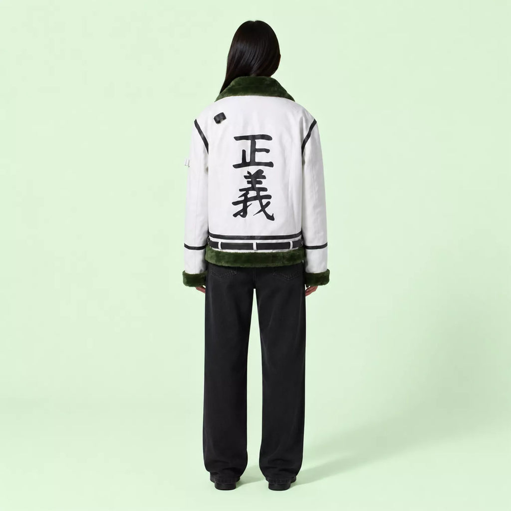 Women's White Green Shearling Leather Jacket | Aviator Style Winter Jacket
