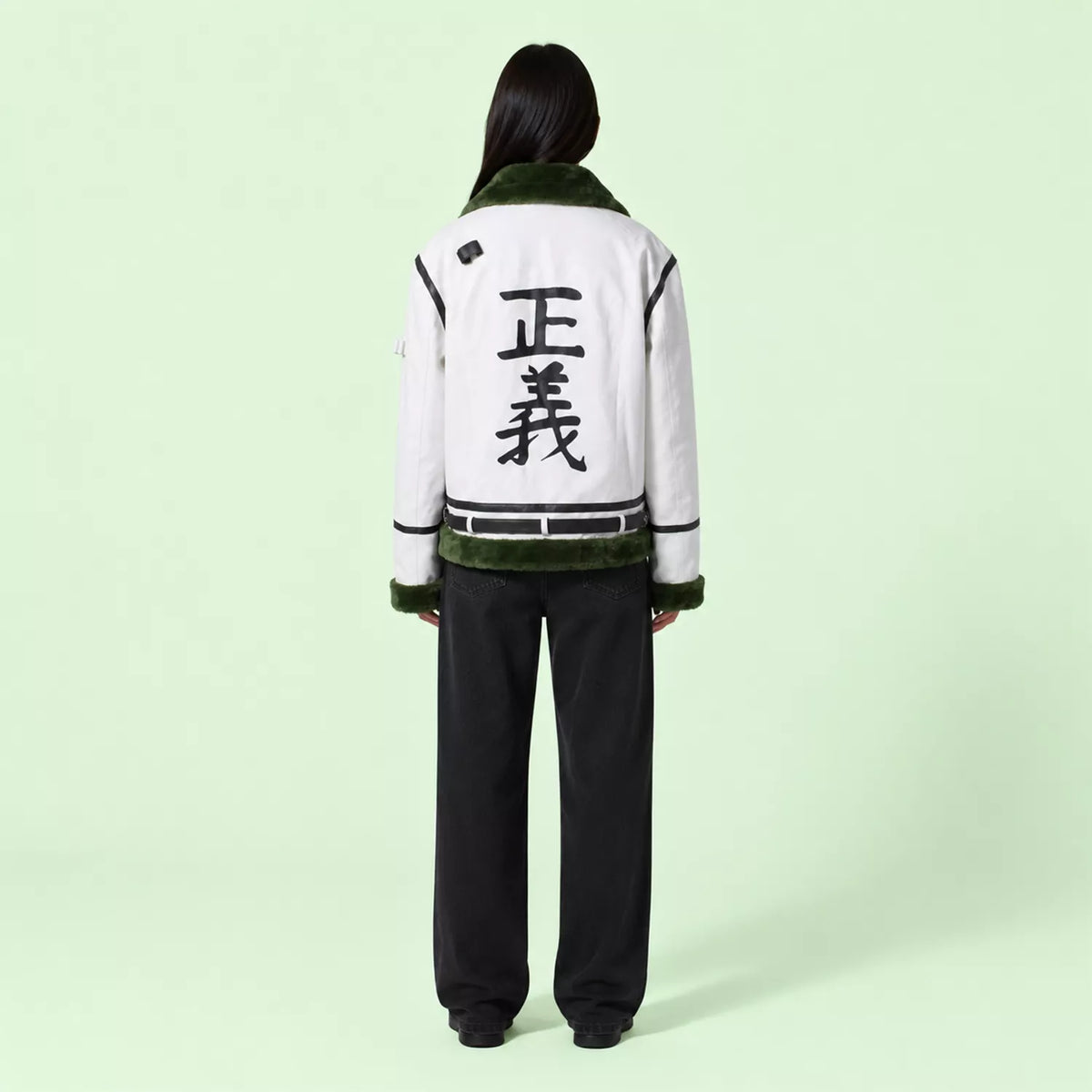Women's White Green Shearling Leather Jacket | Aviator Style Winter Jacket