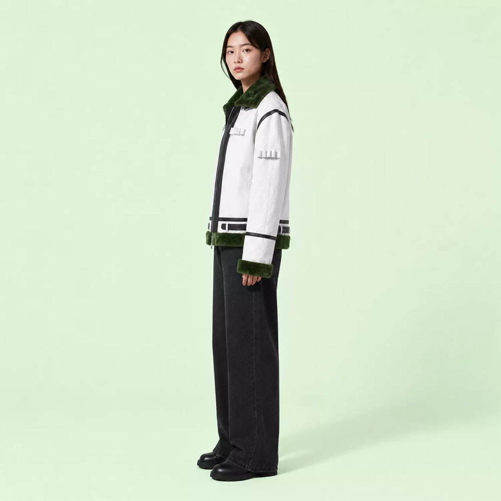 Women's White Green Shearling Leather Jacket | Aviator Style Winter Jacket