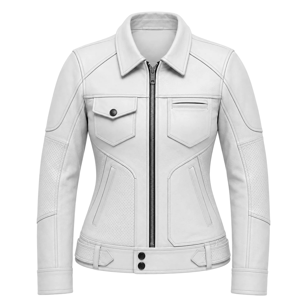 Women’s White Utility Leather Biker Jacket | Zip-Up Moto Jacket