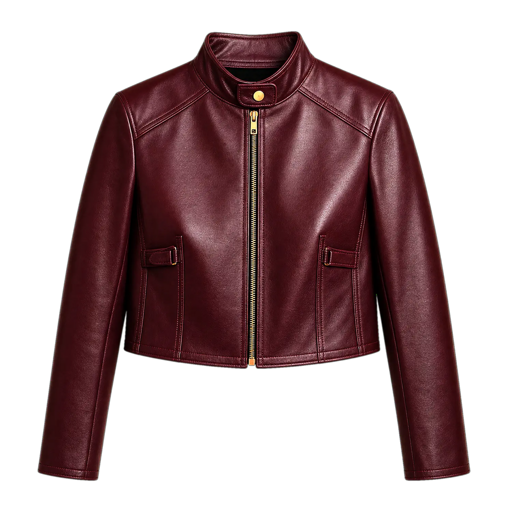 Women’s Wine Red Cropped Genuine Leather Jacket | Snap Collar Moto Style