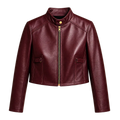 Women’s Wine Red Cropped Genuine Leather Jacket | Snap Collar Moto Style